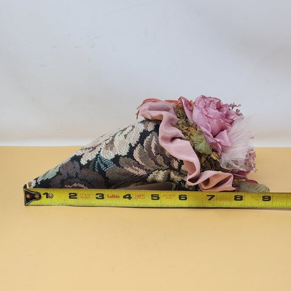 Vintage Musical Floral Tapestry Wall Cone With Pink Fabric Roses & Tassel Decor - Picture 8 of 9